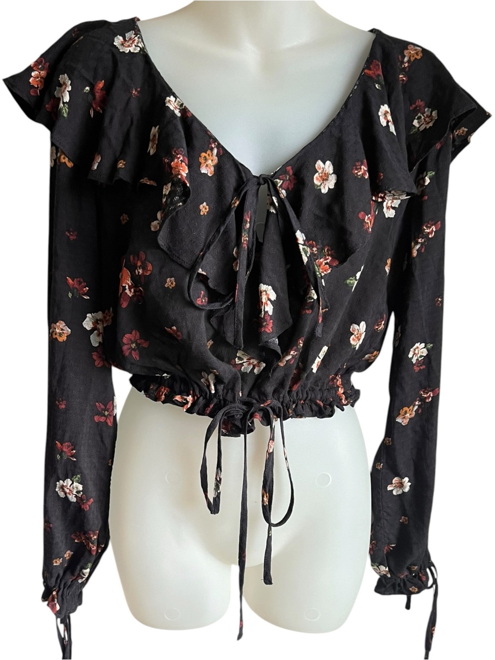 Honey Belle Womens M Garden Floral Ruffle Front Tie Cropped Boho Peasant Blouse